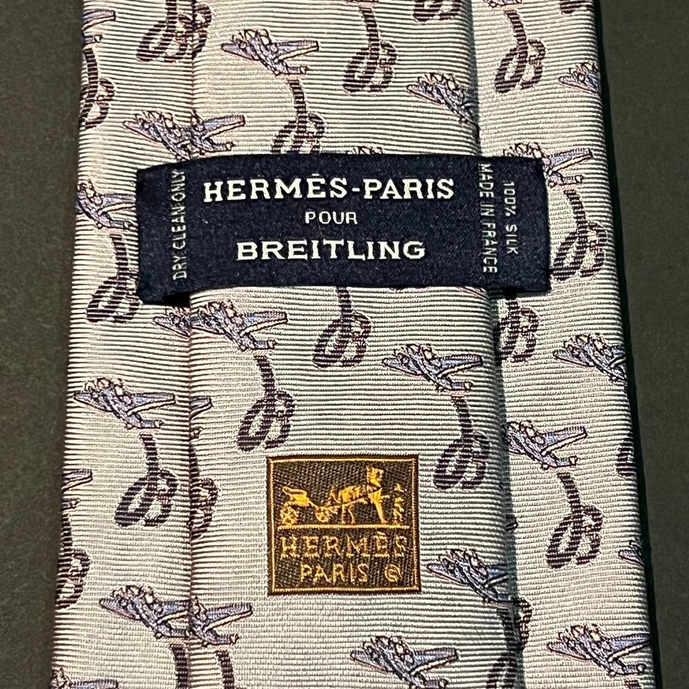 Hermès Tie for Breitling Airplane B Logo Flying In The Clouds Metallic Purple